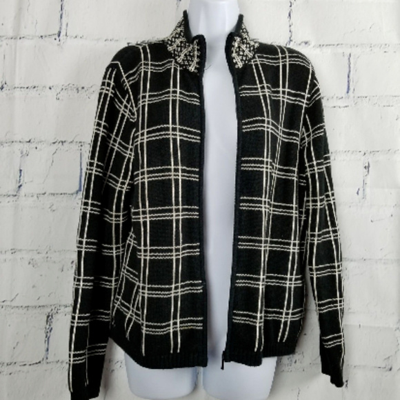 Talbots Cardigan Sweater Jacket Black White Plaid - Picture 3 of 8